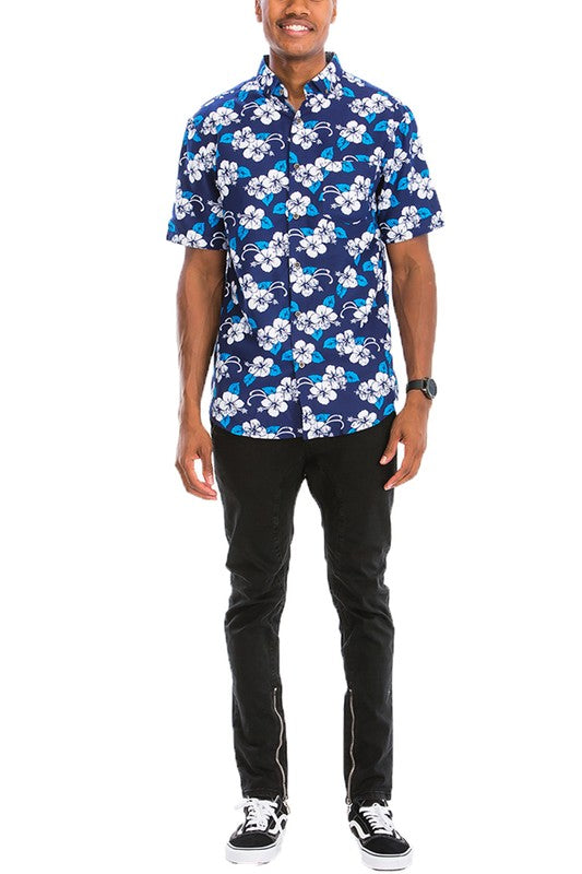 WS7007N Weiv Mens Print Hawaiian Button Down Shirt