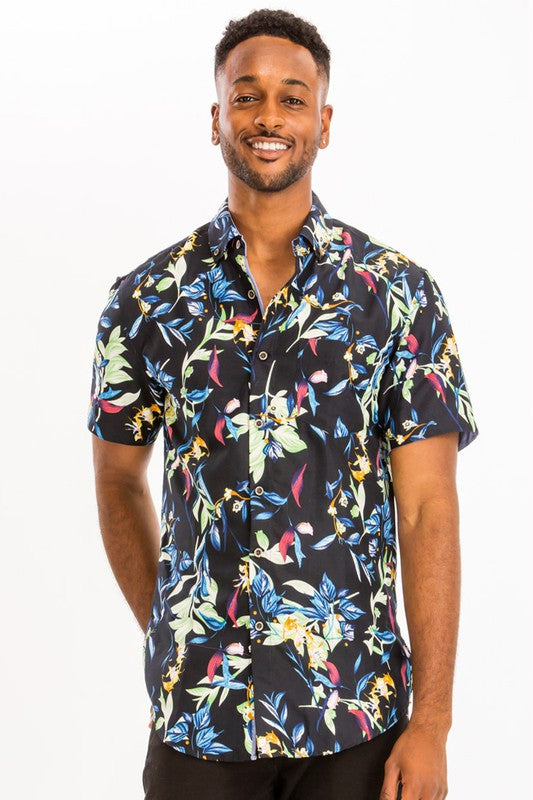 Weiv Mens Print Hawaiian Button Down Shirt