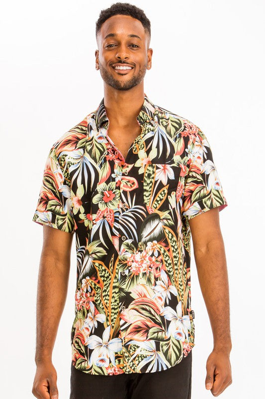 Weiv Mens Print Hawaiian Button Down Shirt