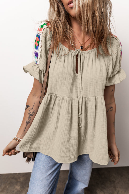 Embroidered Tie Neck Short Sleeve Blouse