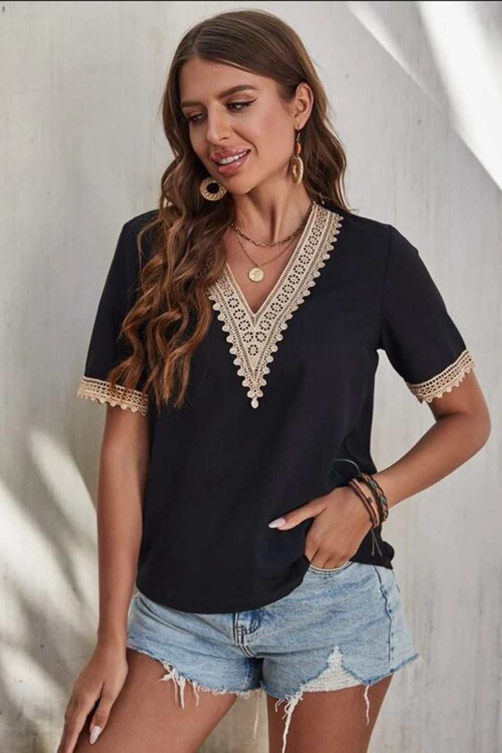 Full Size Lace Detail V-Neck Short Sleeve Blouse