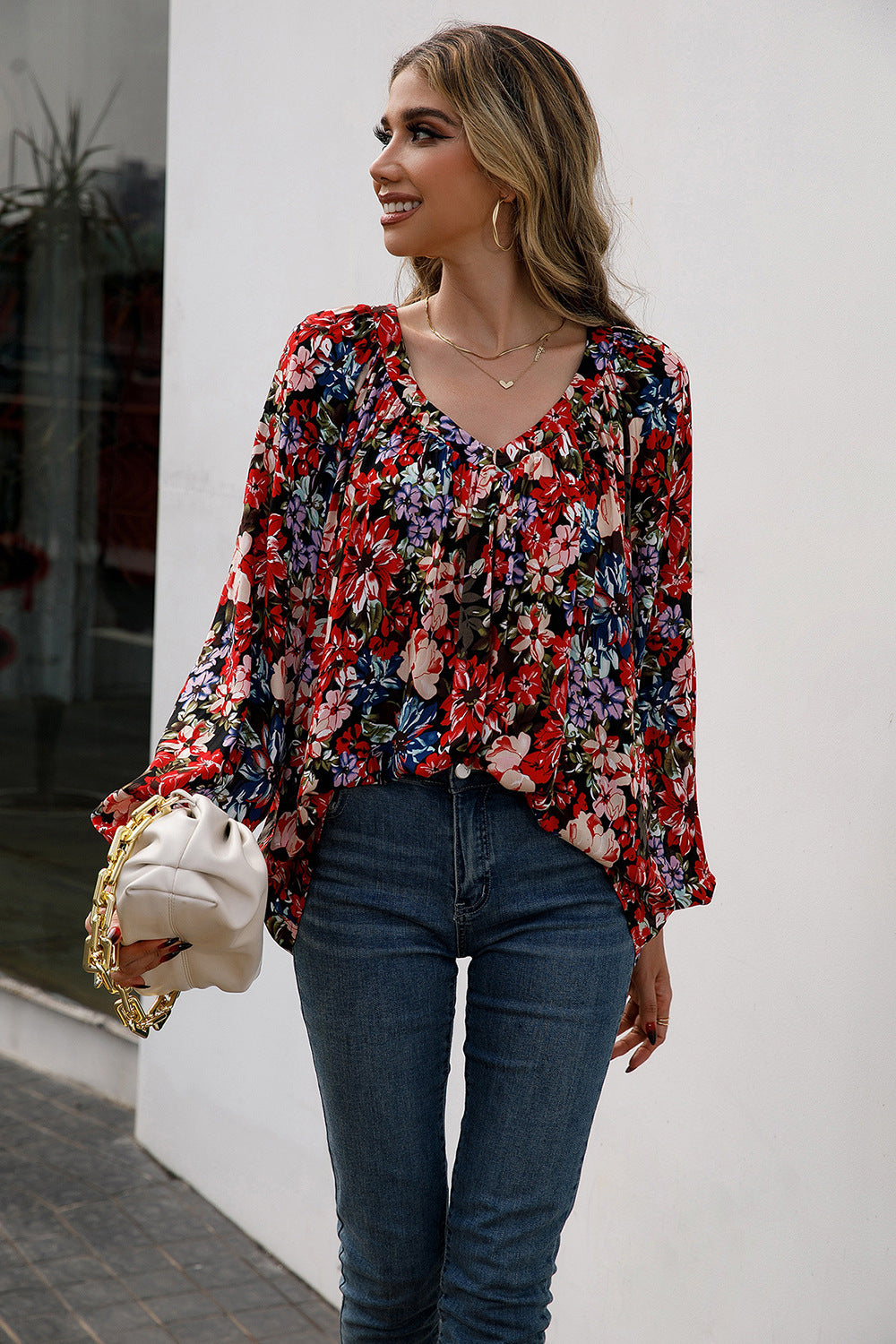 Ivy Lane Floral Print Balloon Sleeve Ruched Blouse