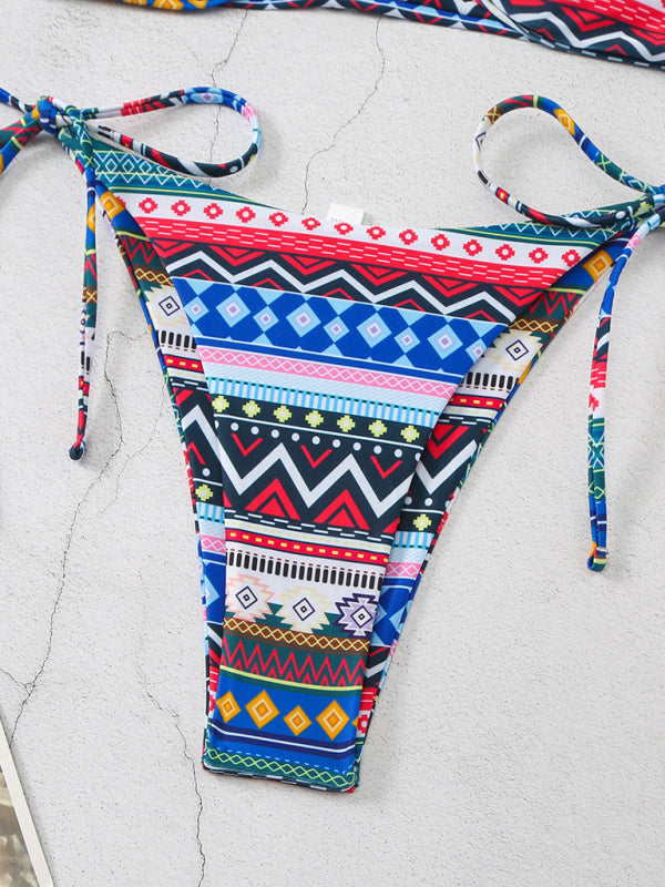 New style halterneck lace-up adjustable briefs printed multi-color split bikini