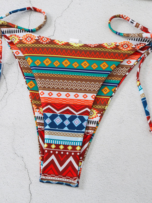 New style halterneck lace-up adjustable briefs printed multi-color split bikini