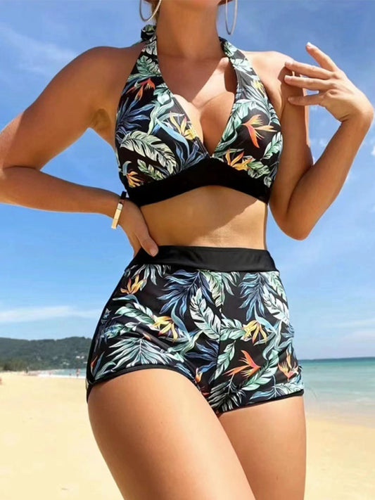 Splicing print halter neck split bikini bikini sexy high waist swimsuit